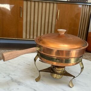 Copper Sotal Chaffing DishFondue Pot with Wooden Handle and Brass Stand - Copper